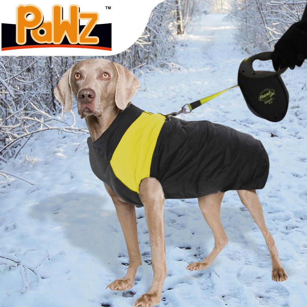 PaWz Dog Winter Jacket in bright yellow, padded and waterproof, designed for dogs to keep them warm and dry during winter walks.